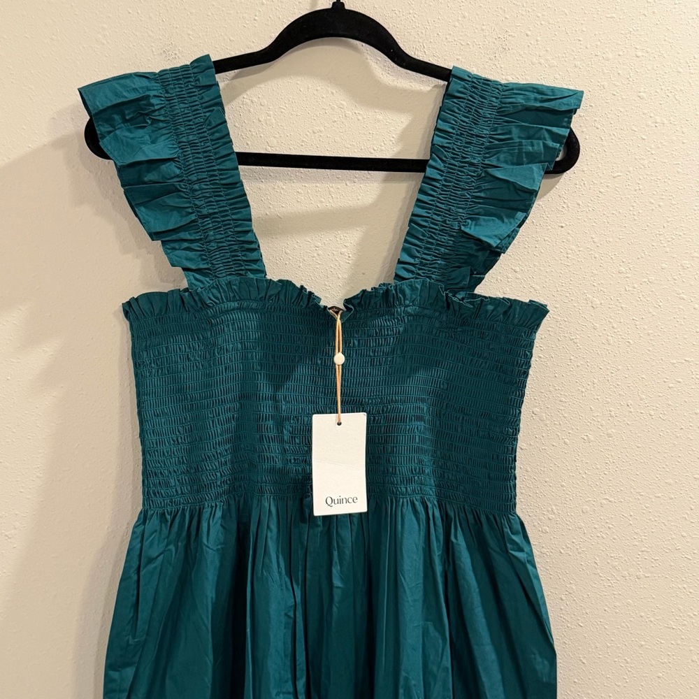 Quince NWT Size XL Garden Green 100% Organic Cotton Smocked Poplin Midi Dress - Picture 8 of 8